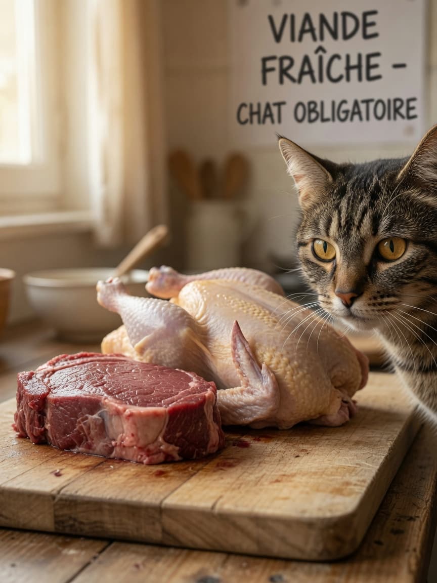 Close-up of a tabby cat's face beside raw meat on a cutting board, illustrating feline obligate carnivory