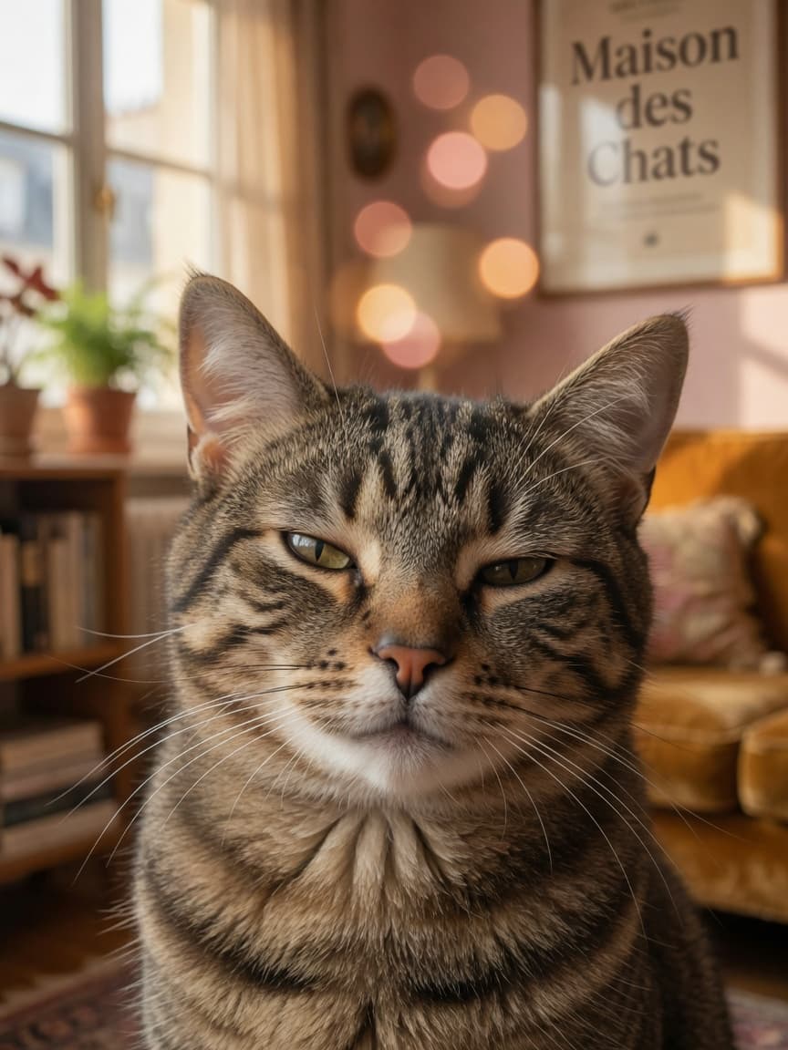 A tabby cat making a slow blink with eyes half-closed, looking directly at camera in warm home lighting