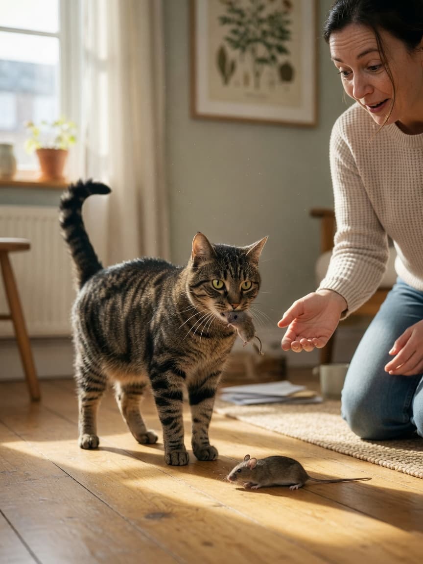 Tabby cat presenting a dead mouse to their owner indoors, tail held high, owner kneeling nearby with mixed expression
