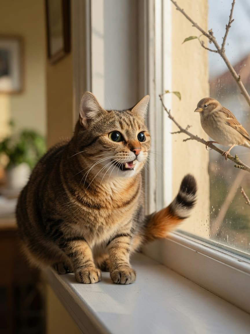 Tabby cat chattering at a bird outside a window, jaw mid-movement with dilated pupils and flicking tail