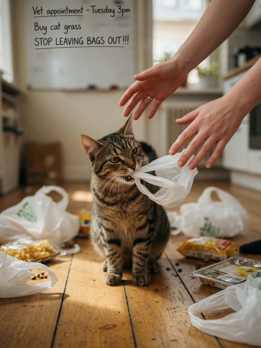 Tabby cat chewing on a plastic shopping bag while owner's hands reach to intervene