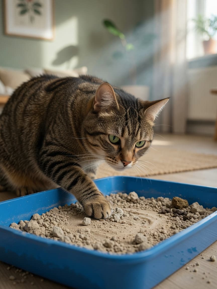 A tabby cat leaning toward an open litter box with its head down and paw extended, showing the behaviour of litter consumption