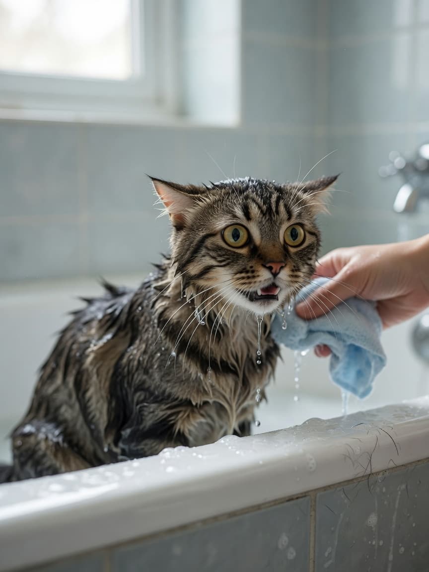 Distressed wet tabby cat in a bathtub during an unwanted bath, ears back and eyes wide with alarm