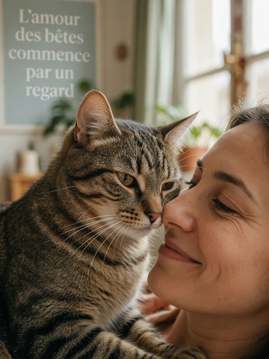 A tabby cat headbutting a woman's nose in an intimate display of affection and bunting behavior