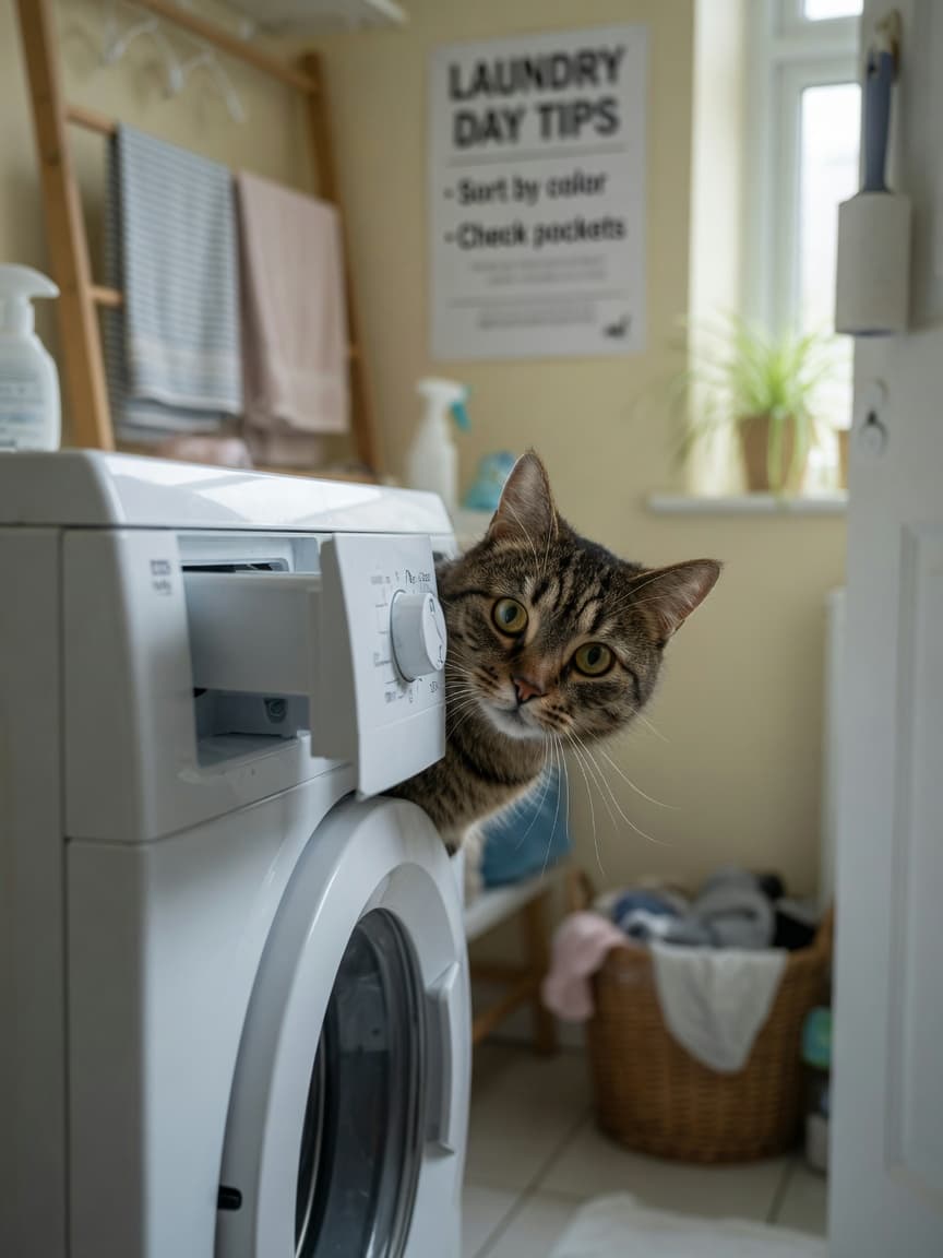 Tabby cat peeking cautiously from behind a white washing machine in a laundry room