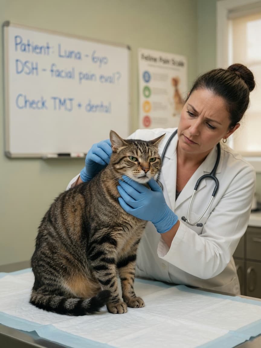 Veterinarian examining a cat's facial expression to assess pain indicators on an exam table