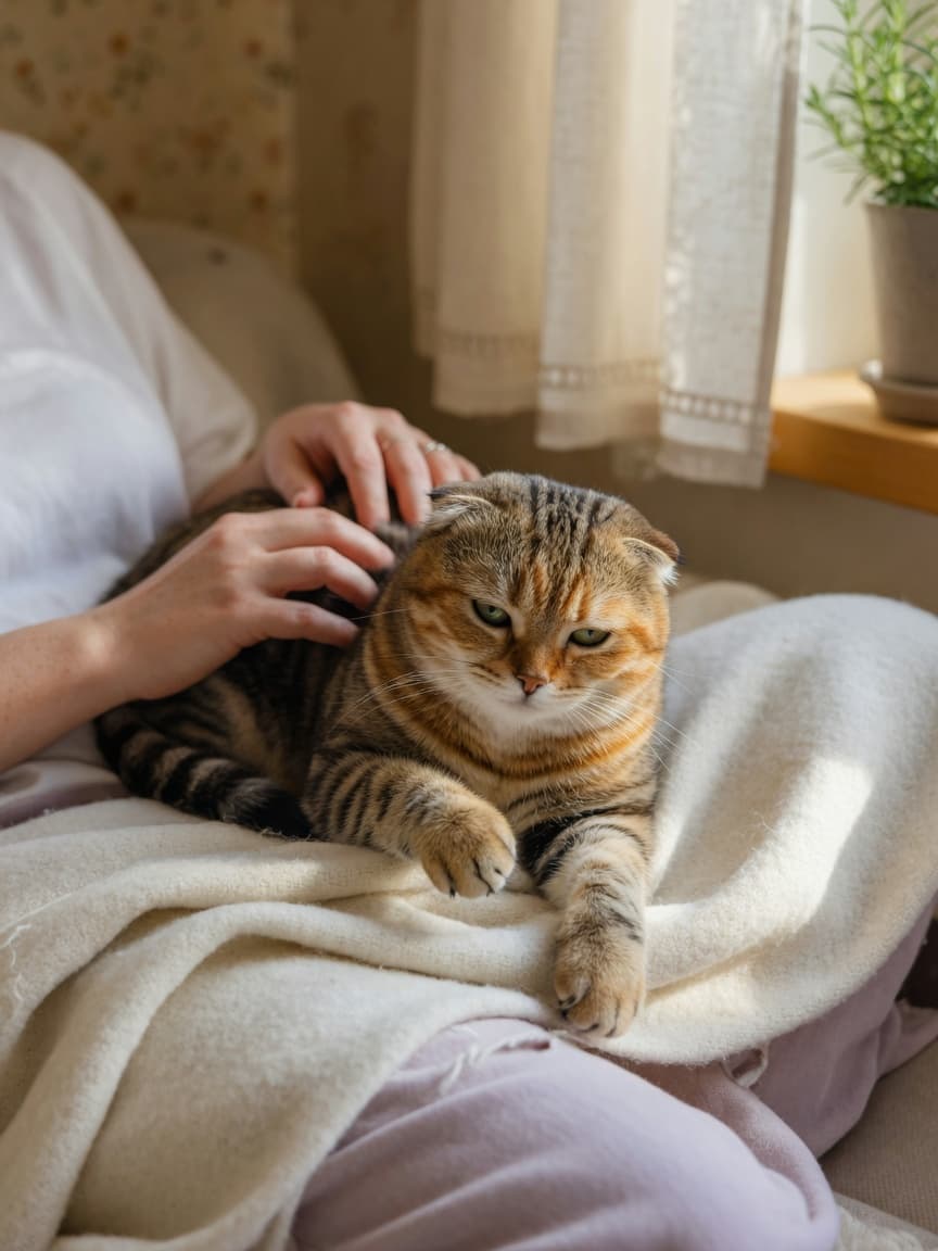 A tabby cat kneading rhythmically on a person's lap with a soft blanket, showing the classic 'making biscuits' behavior in warm natural light.