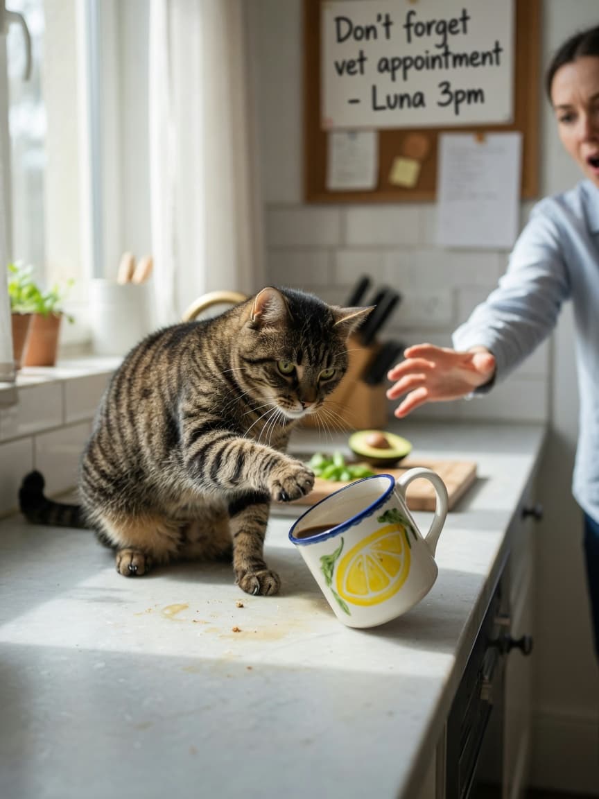 Tabby cat with extended paw knocking over a ceramic mug on a kitchen counter while a person reaches toward it in the background