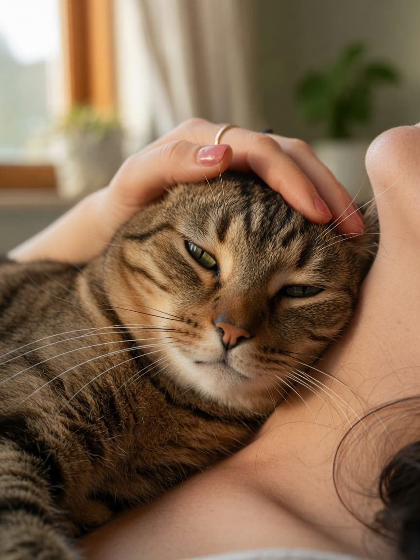 Close-up of a purring tabby cat against an owner's neck, eyes contentedly closed, with visible purring vibrations
