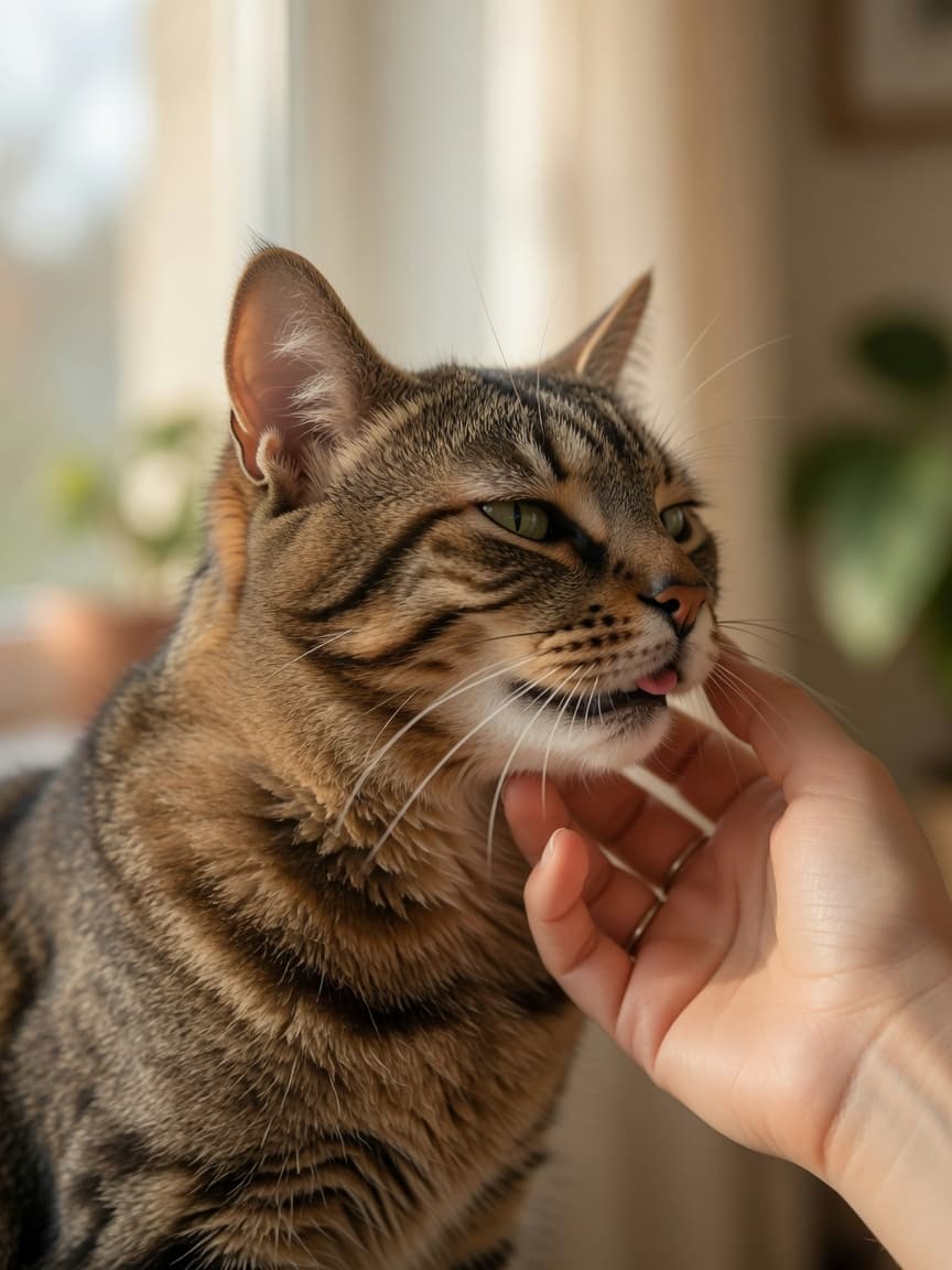 Close-up of a purring tabby cat being gently stroked by an owner's hand, eyes half-closed in contentment
