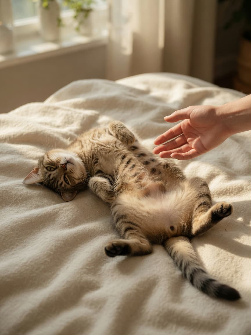 A cat lying on its back with its belly exposed, looking up at a human hand approaching slowly, demonstrating the vulnerable trust position cats show.