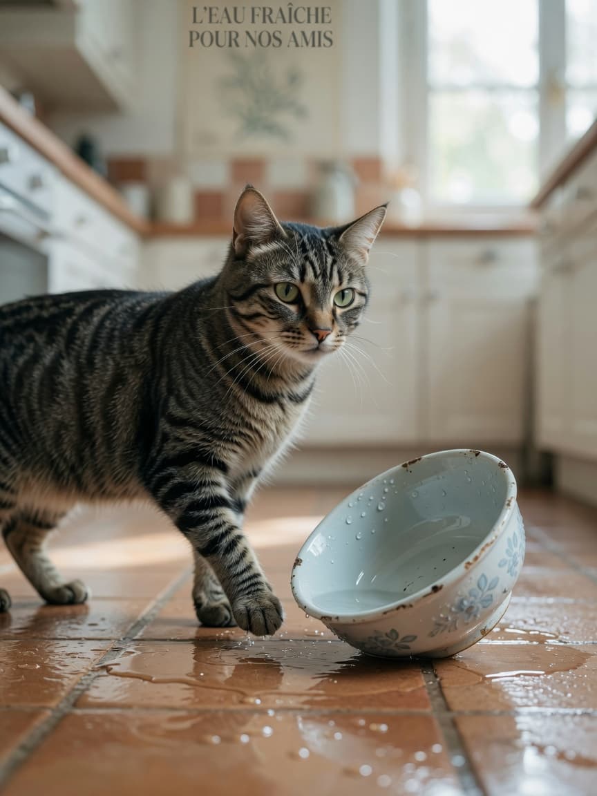 Grey tabby cat sitting calmly beside an overturned ceramic water bowl with water pooling on kitchen tiles