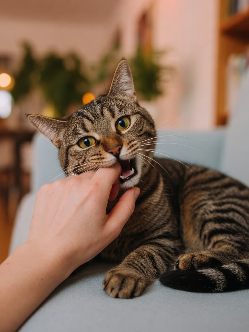 Tabby cat playfully biting a human hand during interactive play session indoors