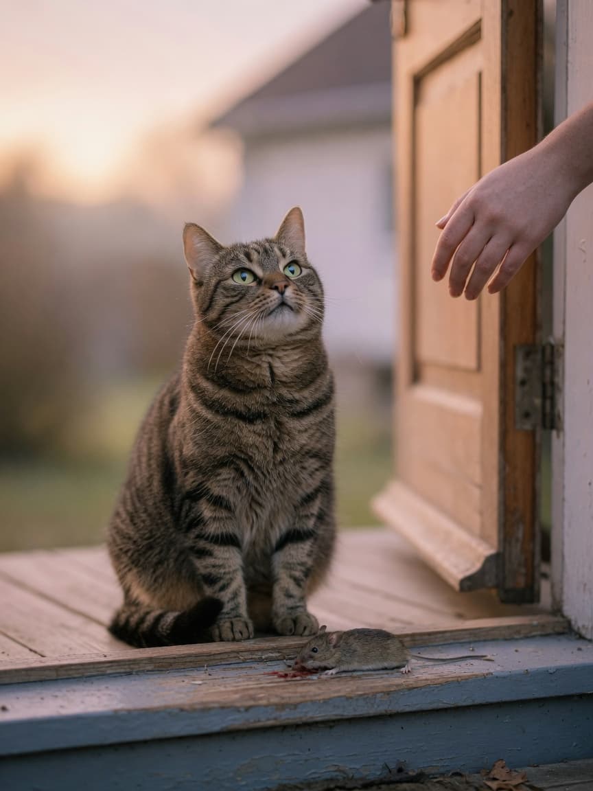 Tabby cat on doorstep with deceased mouse, looking up at owner with satisfied expression