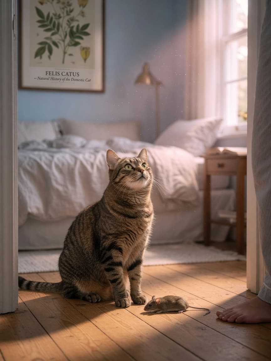 A tabby cat presenting a dead mouse to its owner at the bedroom doorstep in natural morning light