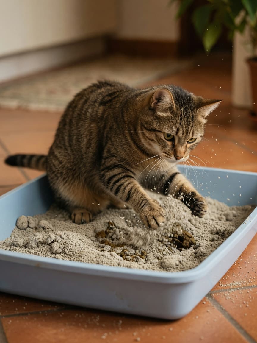 Tabby cat burying faeces in litter box with front paws