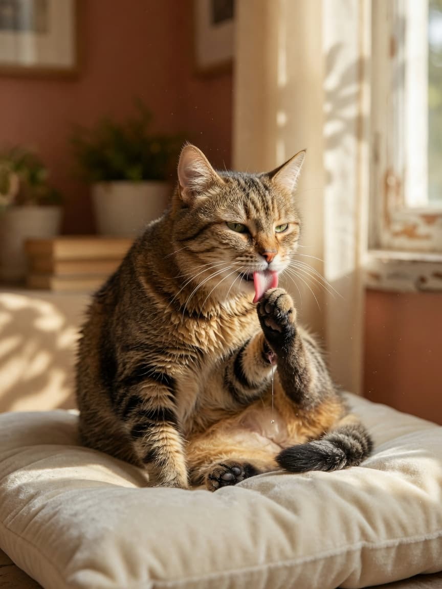 A tabby cat grooming itself with its tongue extended, sitting peacefully on a cream cushion by a sunny window with natural golden light illuminating its fur.