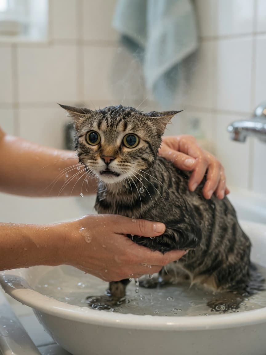 Distressed wet tabby cat being bathed by human hands in a shallow basin, showing typical feline water aversion