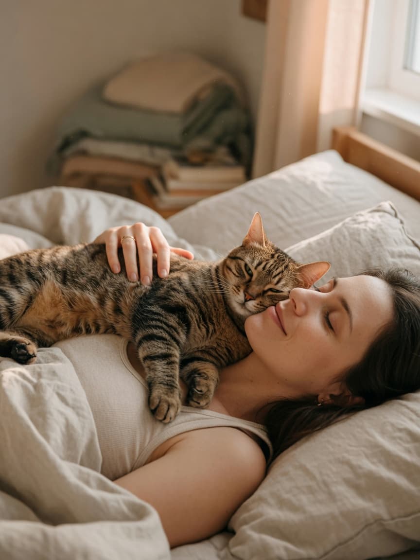 A tabby cat resting contentedly on a woman's chest, demonstrating feline trust and bonding behavior