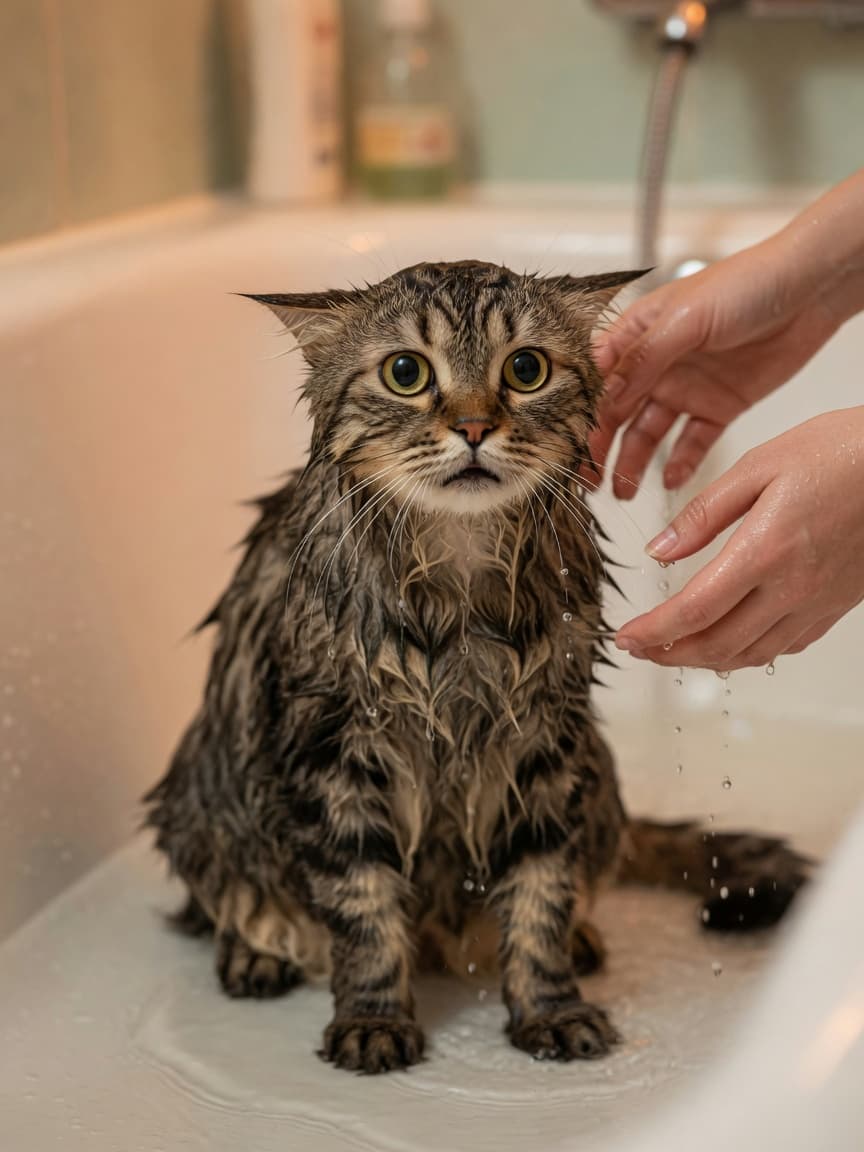 Distressed wet tabby cat in bathtub showing fear and discomfort from water exposure