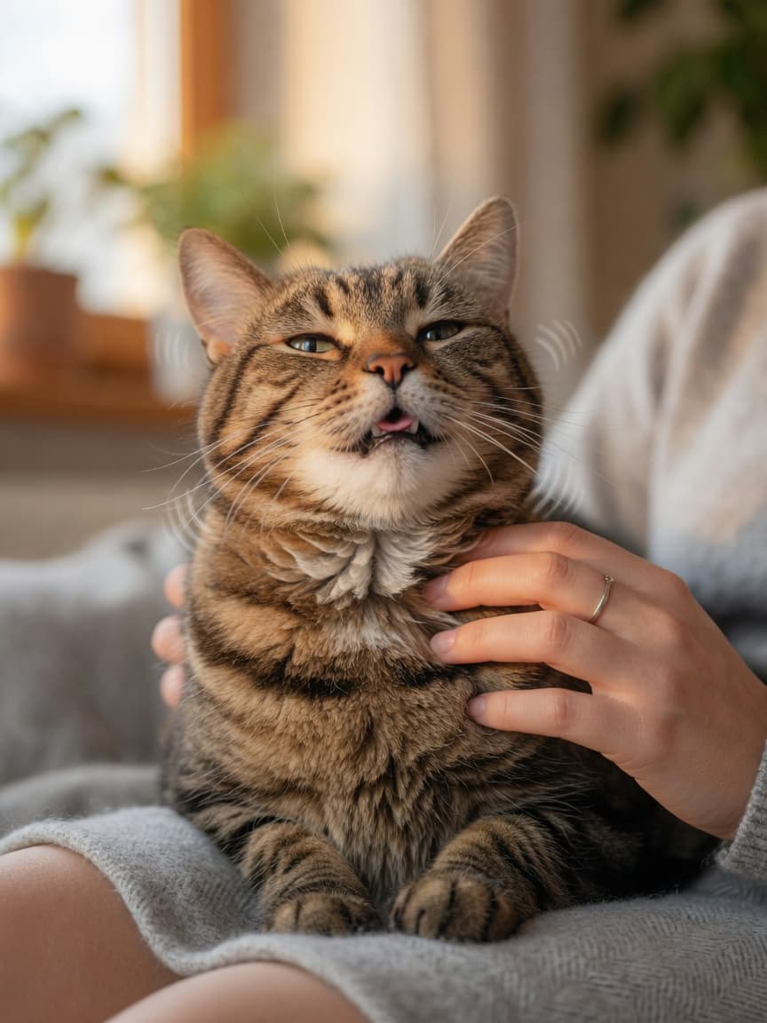 Close-up of a purring tabby cat's face with mouth slightly open showing the physical vibration of purring, being stroked by owner's hand