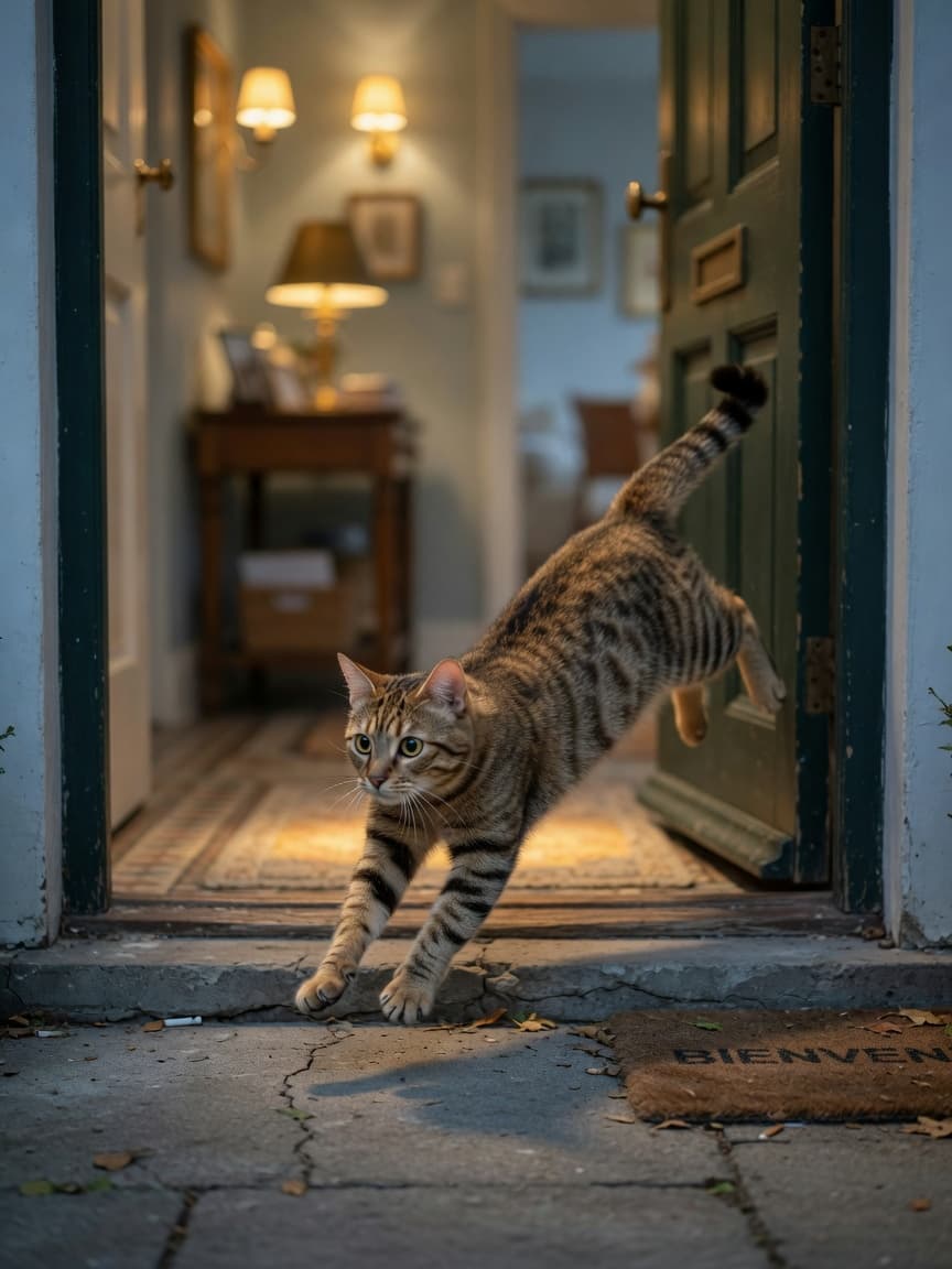 A tabby cat escaping through an open front door, caught mid-motion between the home interior and outdoor pavement