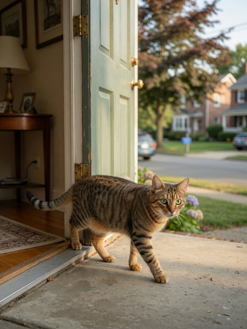Orange and grey tabby cat escaping through an open front door, stepping onto the outdoor doorstep with alert posture