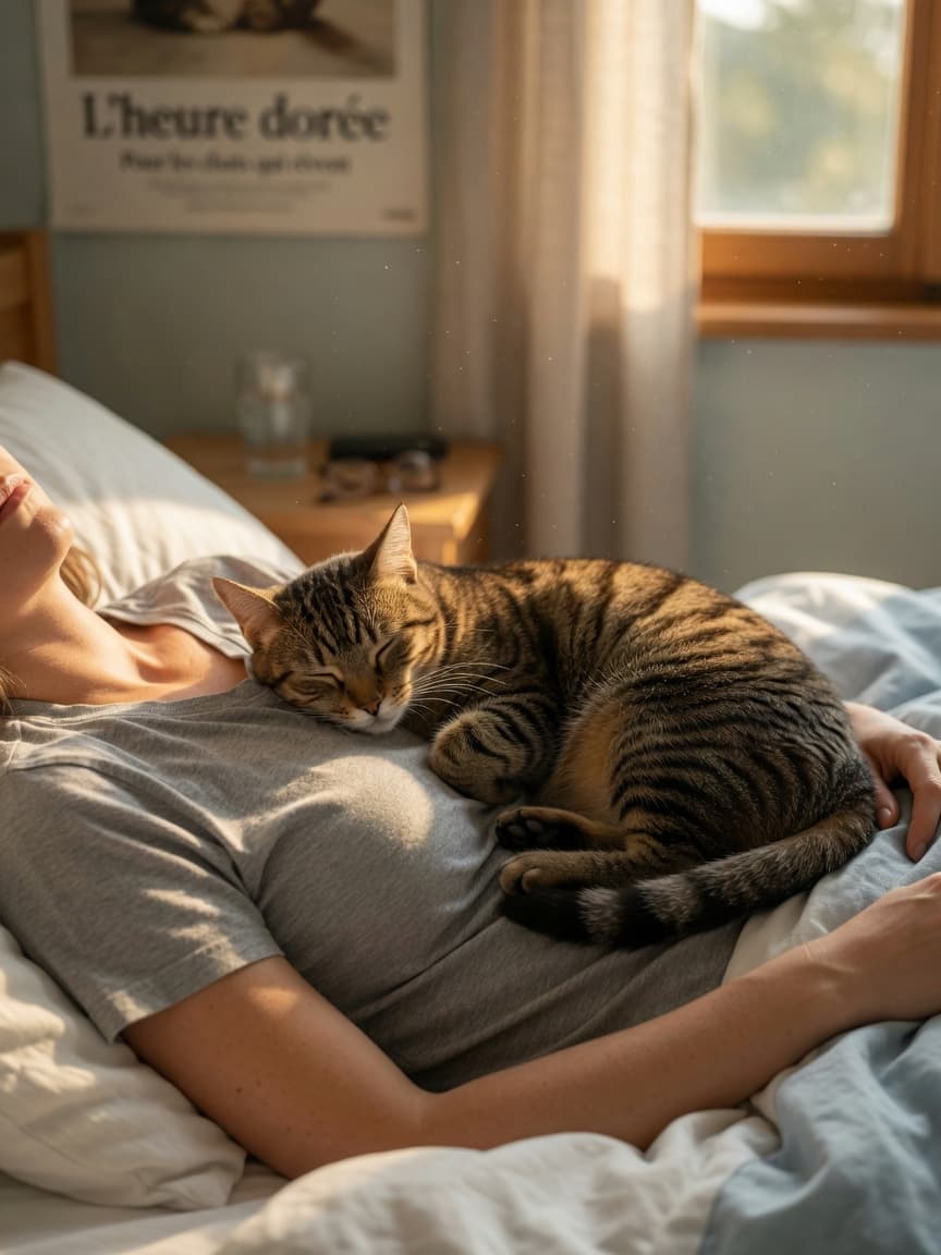 Tabby cat sleeping peacefully on a person's chest in bed with warm sunlight filtering through a nearby window