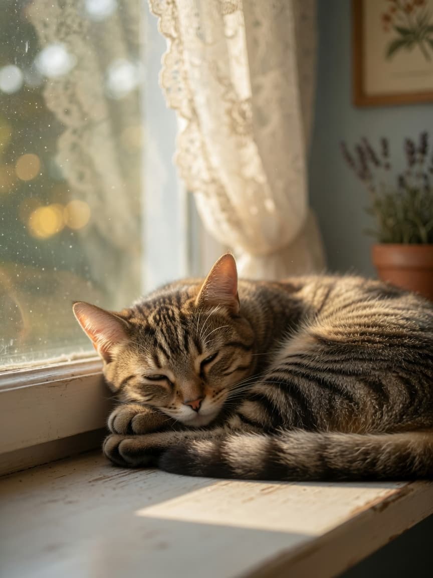 A tabby cat sleeping peacefully on a sunny windowsill with eyes barely open in a light doze