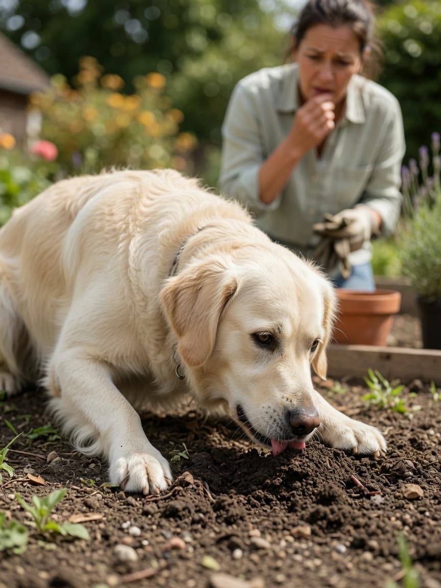A golden retriever with cream-colored coat crouching to eat dirt in a garden while a worried dog owner watches in the background