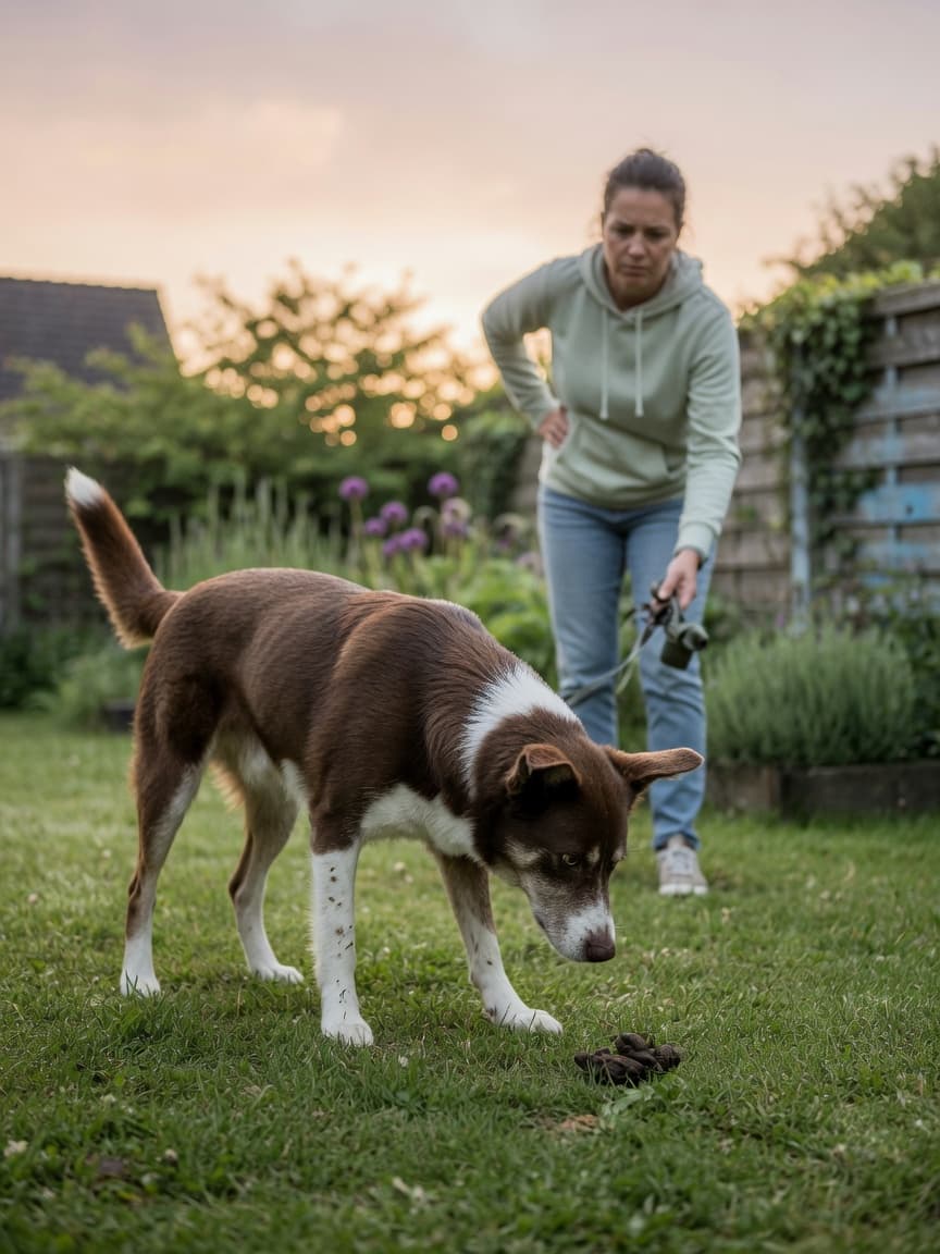 Dog investigating feces in a yard while owner watches from background