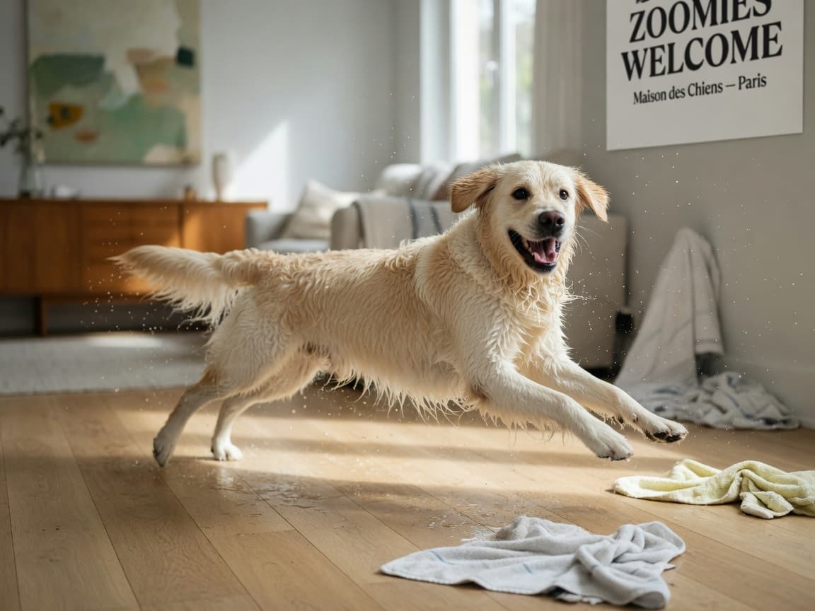 Wet golden retriever racing across hardwood floor in joyful post-bath zoomies, water droplets flying from cream-colored coat