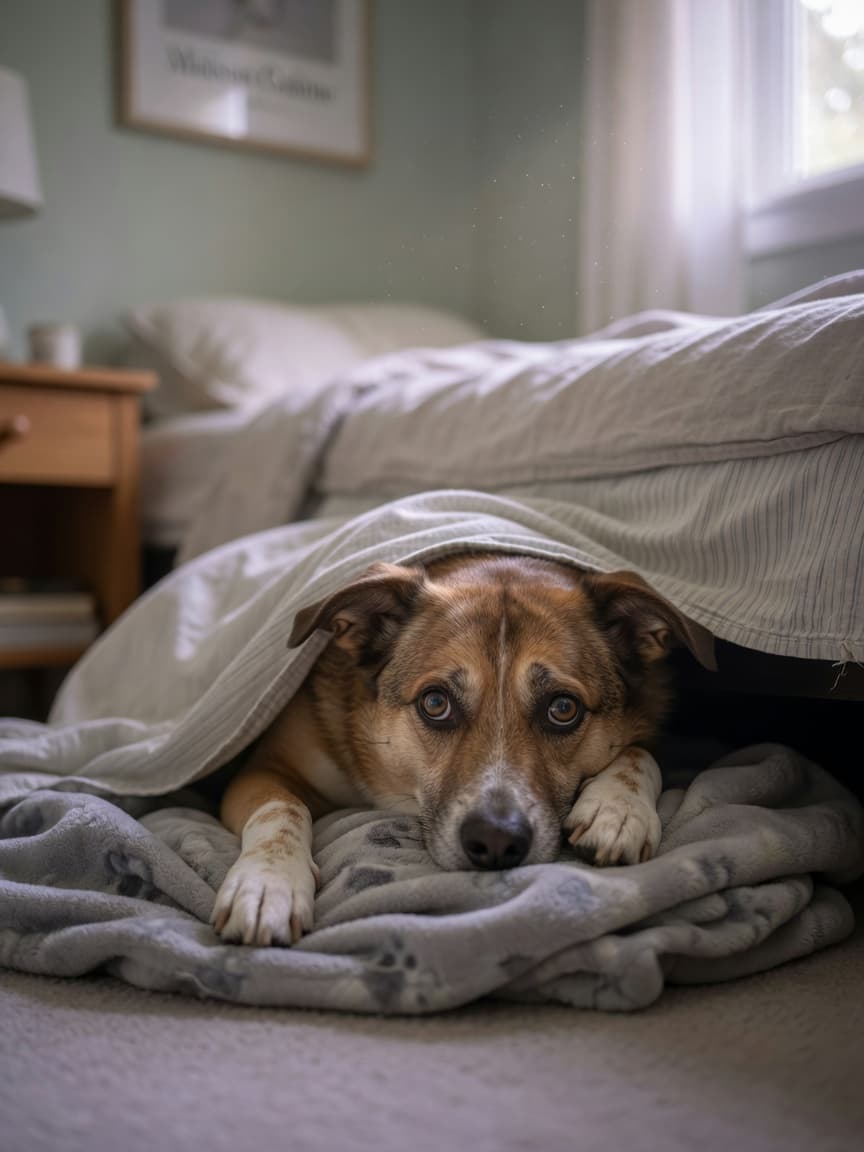 A dog hiding under a bed seeking security and comfort in an enclosed space