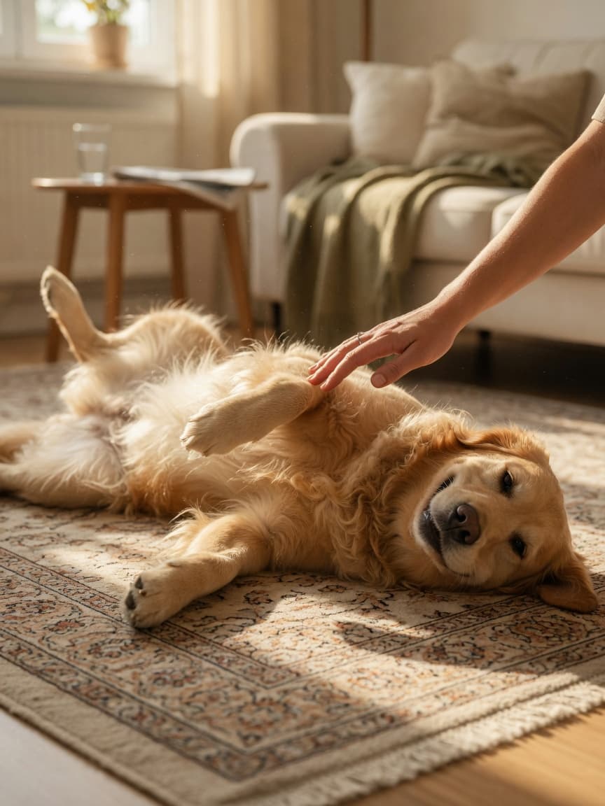 Golden retriever lying on back with owner's hand gently stroking its chest in a sunny living room
