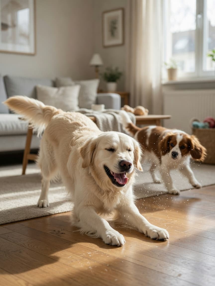 Golden Retriever sneezing during playful interaction with another dog indoors in natural light