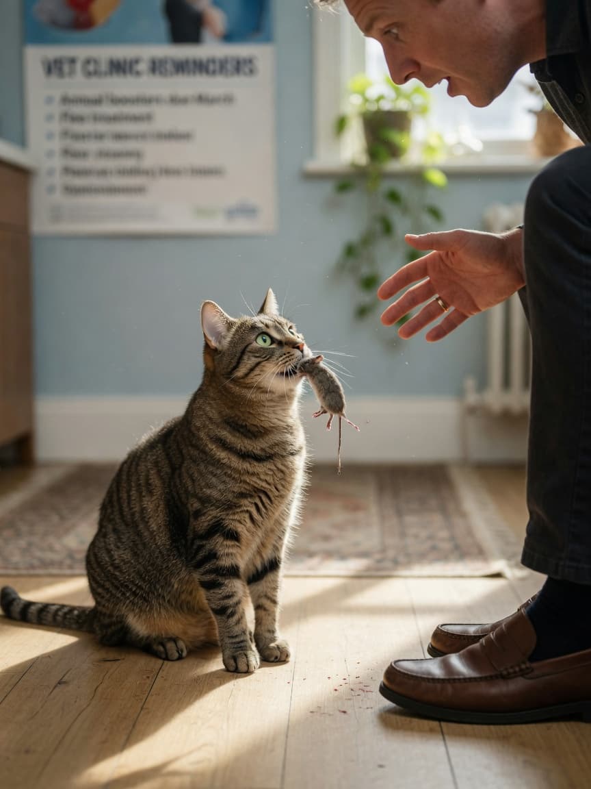A tabby cat presenting a dead mouse to its owner indoors, the owner reacting with surprise