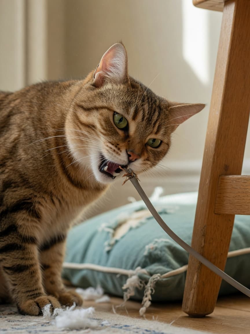 Tabby cat chewing on an electrical cable with damaged furniture in the background
