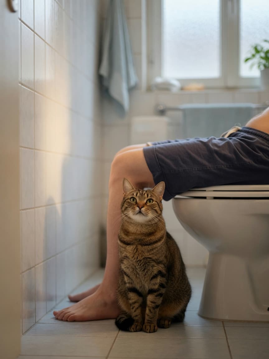 A tabby cat sitting between a person's feet in a bathroom, staring up with an unblinking expression while the person sits on the toilet