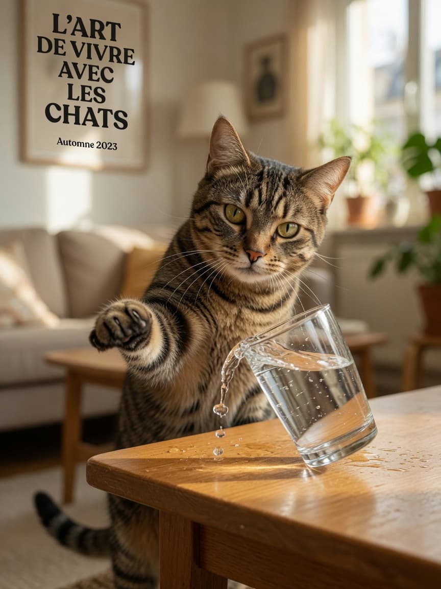 Tabby cat with extended paw knocking a glass of water off a wooden table, making direct eye contact