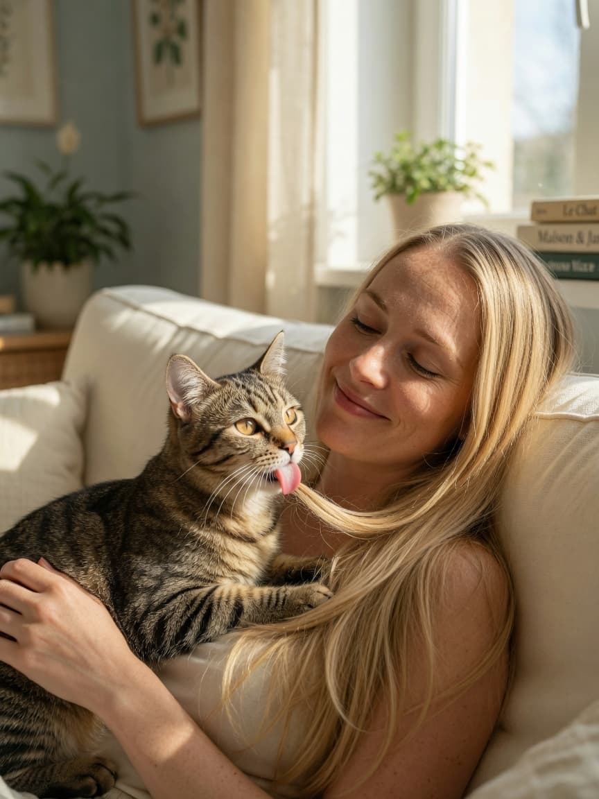 A tabby cat licking a woman's hair affectionately on a sofa by sunlit window, expressing cat-human bonding