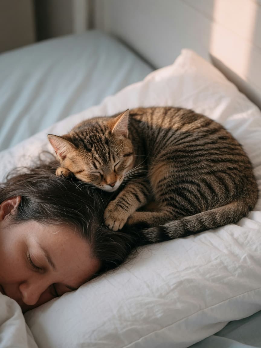 A tabby cat sleeping contentedly on a person's head during sleep, demonstrating feline affection and bonding behavior
