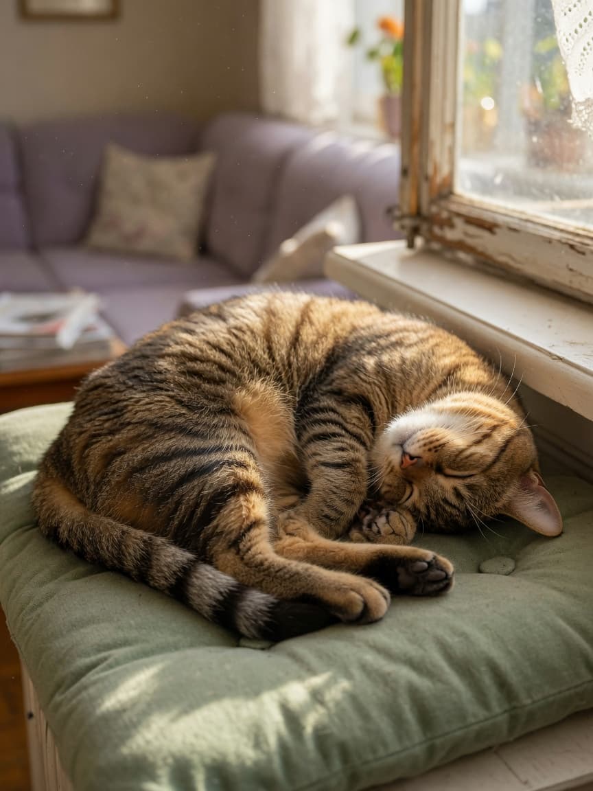 A tabby cat sleeping peacefully in a sunny window, curled up on a cushion with relaxed whiskers