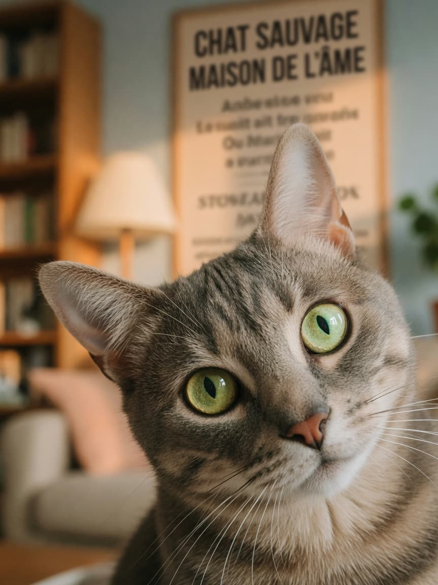 Close-up of a cat's face with intense, direct stare and forward-pointing ears against a softly blurred home interior background