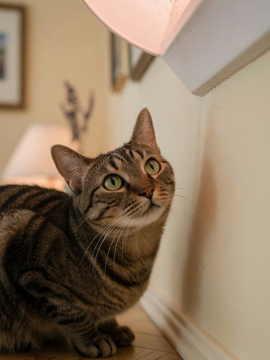 Tabby cat with green eyes staring intently at an empty corner of a room, demonstrating the mysterious feline behavior of staring at nothing