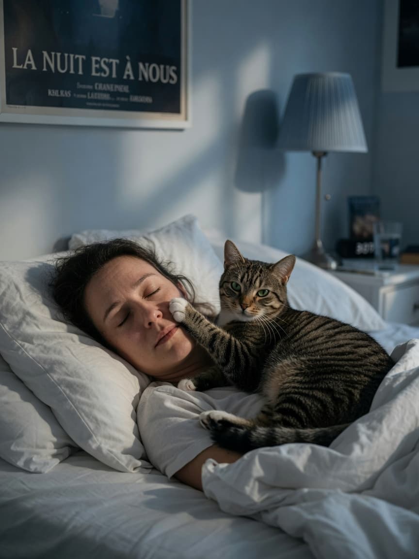 A tabby cat with one paw on a sleeping person's face in bed at 3am, about to wake them up