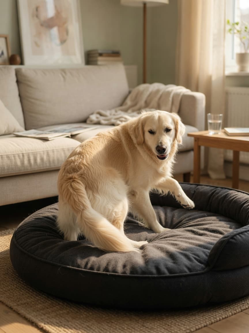 Golden retriever circling on a memory-foam bed before lying down