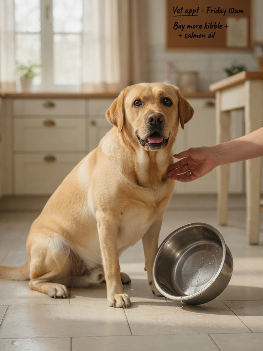 Golden Labrador sitting by an empty water bowl, looking up with thirst, owner's hand gently on shoulder in a bright kitchen