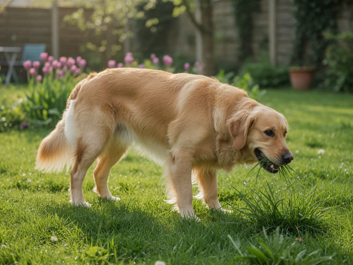A healthy dog grazing peacefully on fresh dewy grass in a sunlit residential garden