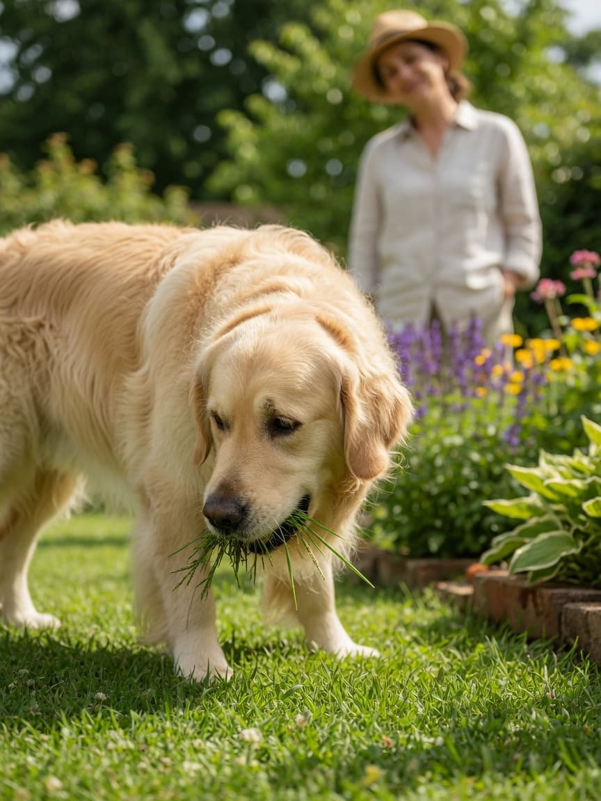 Golden retriever eating grass in a sunny garden with owner watching in the background