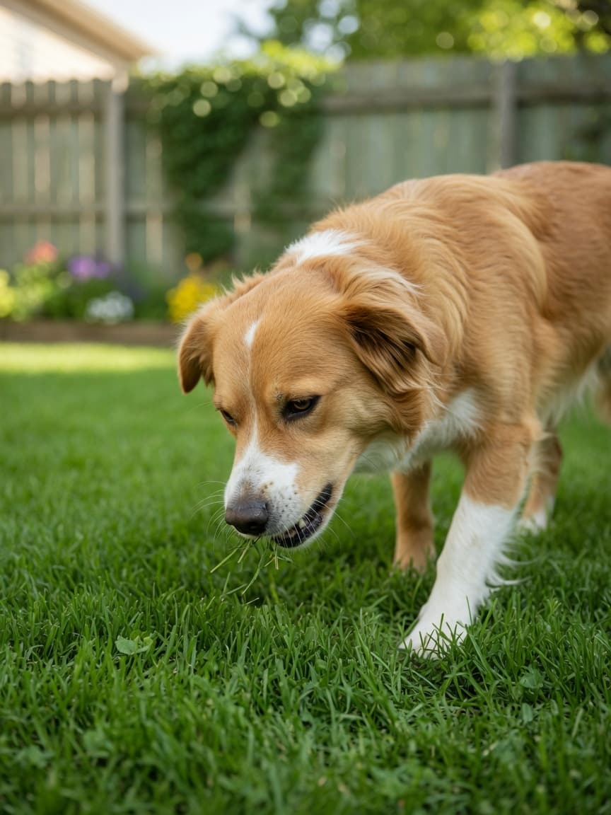 Golden-brown and white dog grazing peacefully on grass in a sunny backyard